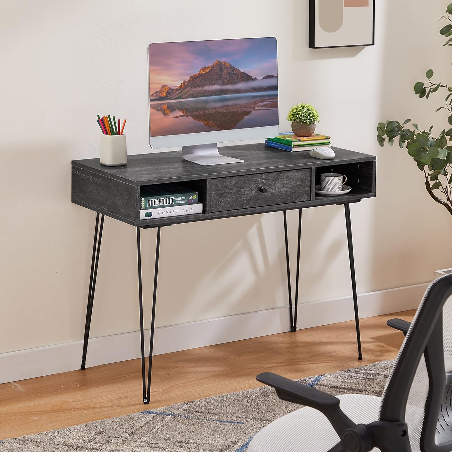VECELO 39.3" Home Office Work Table with Drawers,Computer Desk with Hairpin Leg for Writing/Study,Charcoal Grey