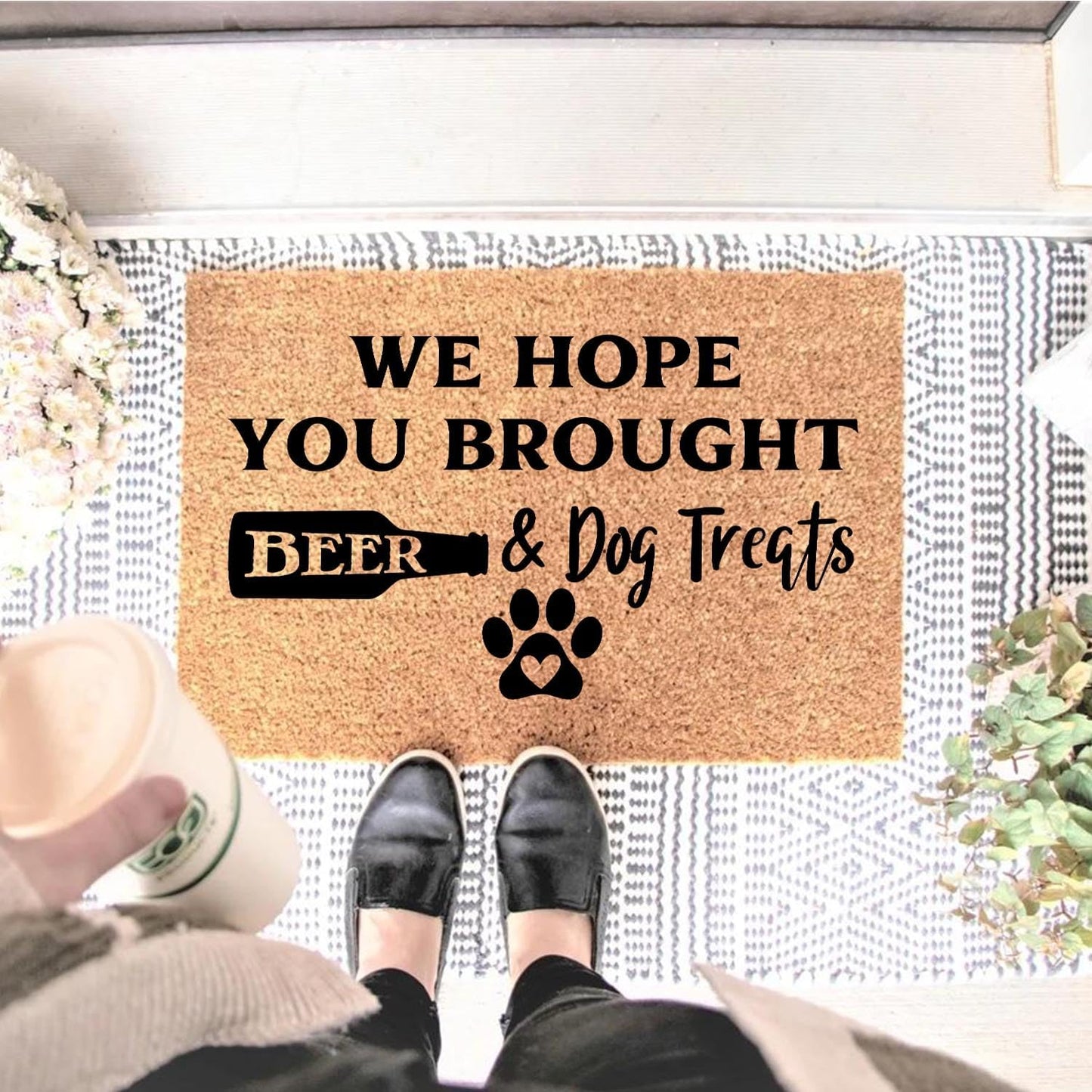 Funny Coir Doormat We Hope You Brought Beer & Dog Treats Front Door Mat Entryway Outdoor Mat with Heavy Duty Front Porch Decor Welcome Mats for Entrance Natural Coconut Thick Brown Mat 23.7x15.7 inch