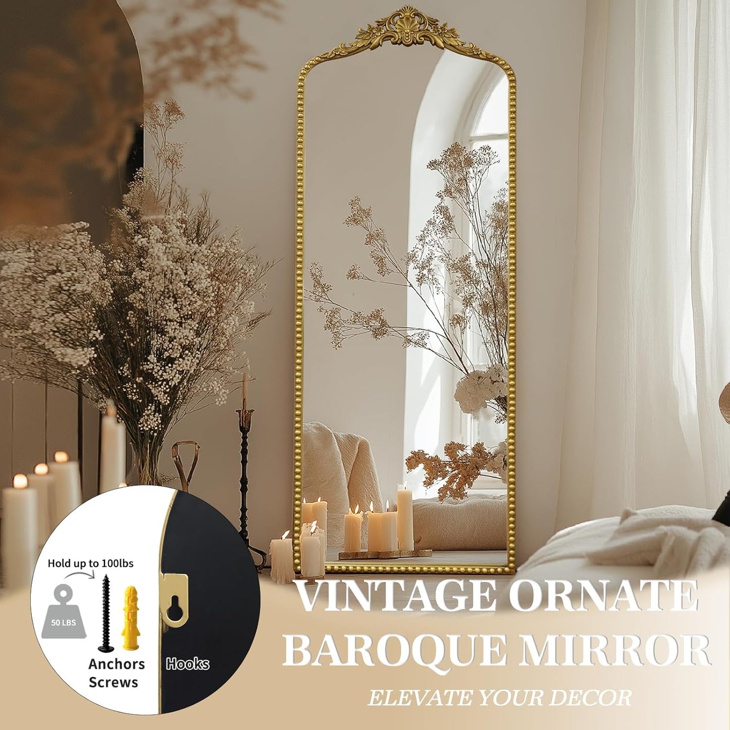 G-LEAF Vintage Baroque Full Length Floor Mirror 22"X65", Victorian Antique Mirror with Brush Gold Ornate Metal Frame for Fireplace Entryway Living Room Hallway Bathroom