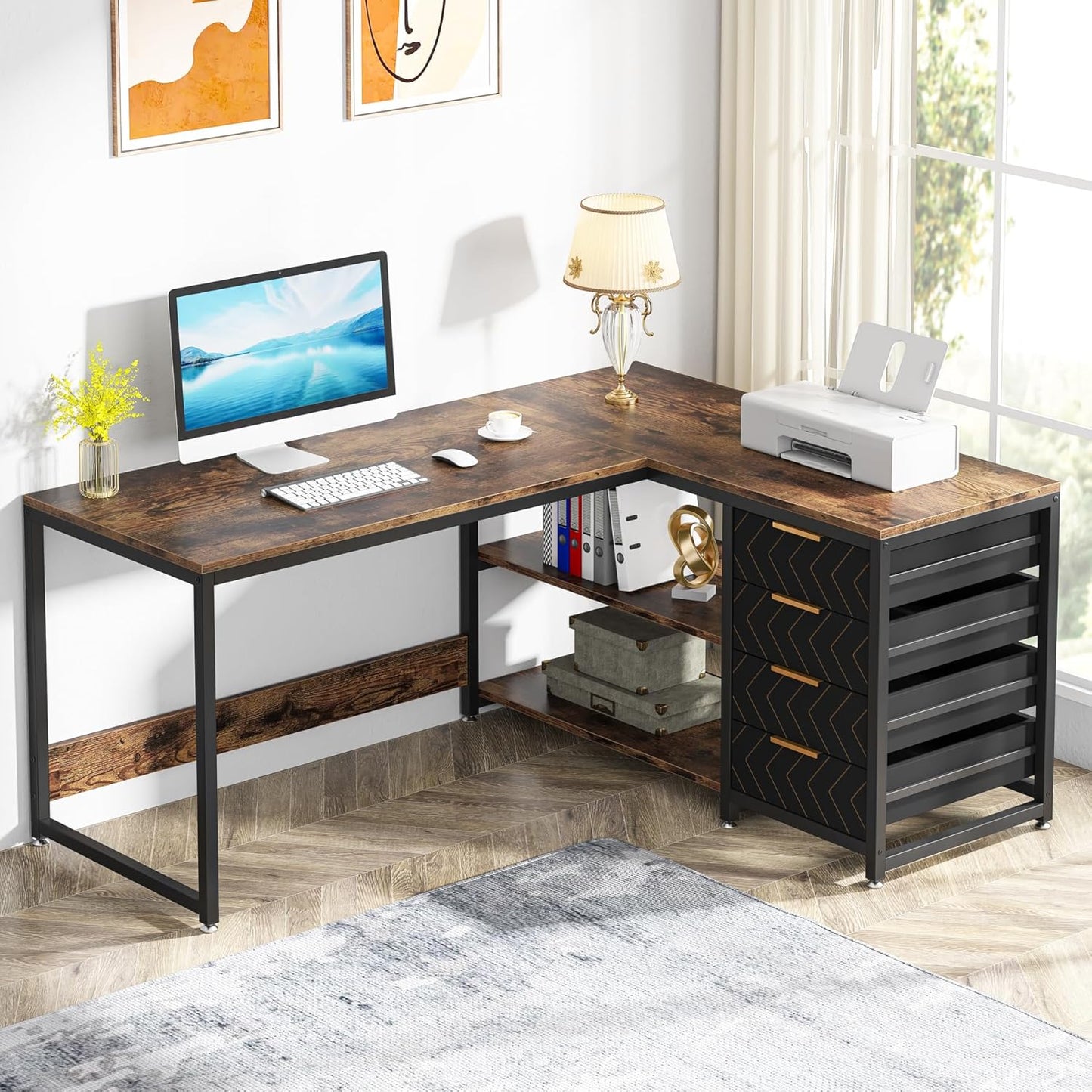 LITTLE TREE 59-Inch L Shaped Desk with Drawers, Large Computer Desk with Storage Shelves, Reversible L-Shaped Corner Desk Workstation for Home Office