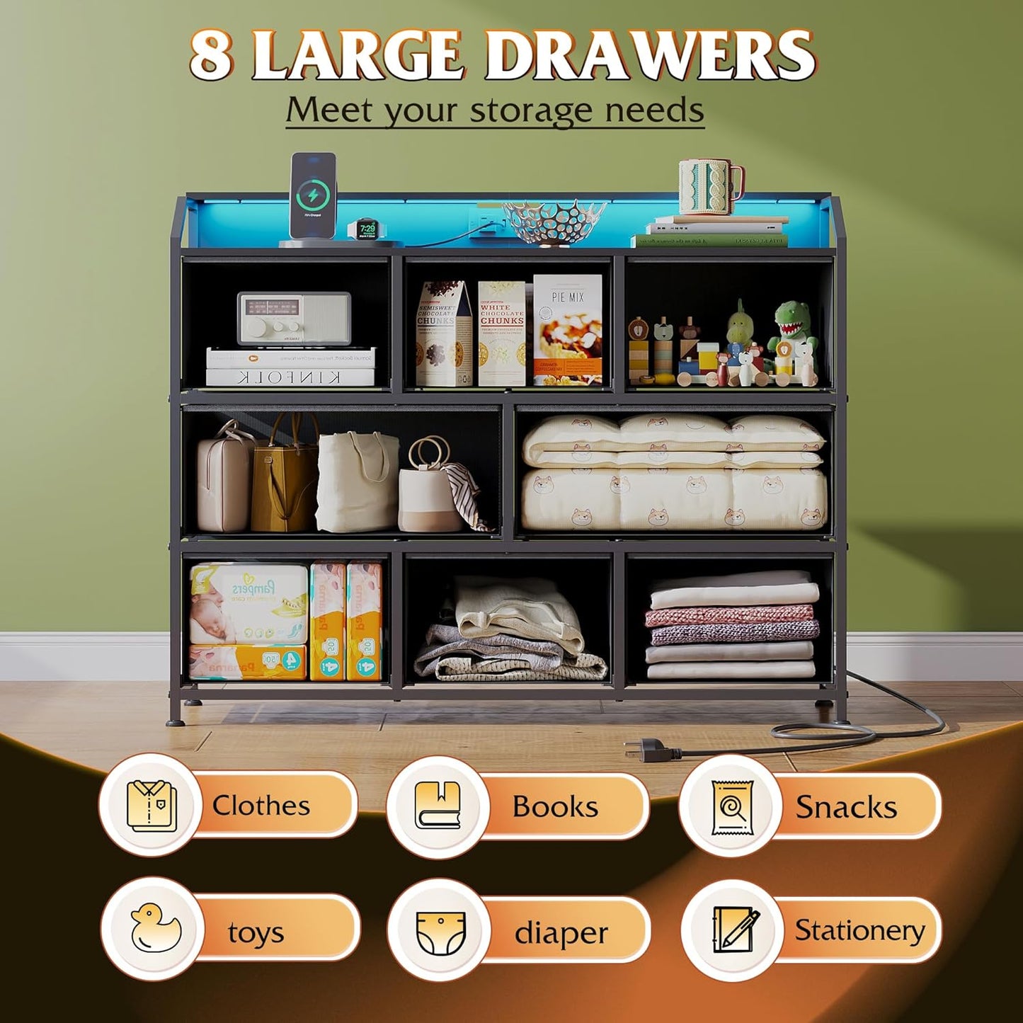 WLIVE Led Dresser for Bedroom, Black Dresser TV Stand for Bedroom with LED Lights and Power Outlet, Wide Chest of Drawers for Hallway, 8 Fabric Drawers for Living Room and Entryway, Easy to Assemble