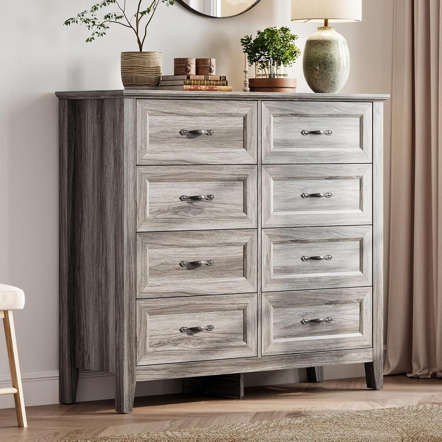 LINSY HOME 8 Drawers Dresser for Bedroom, 47" Wide Wooden Storage Chest with Antique Handles, Modern Farmhouse Dresser TV Stand with Wood Legs for Closet, Living Room, Hallway, Grey