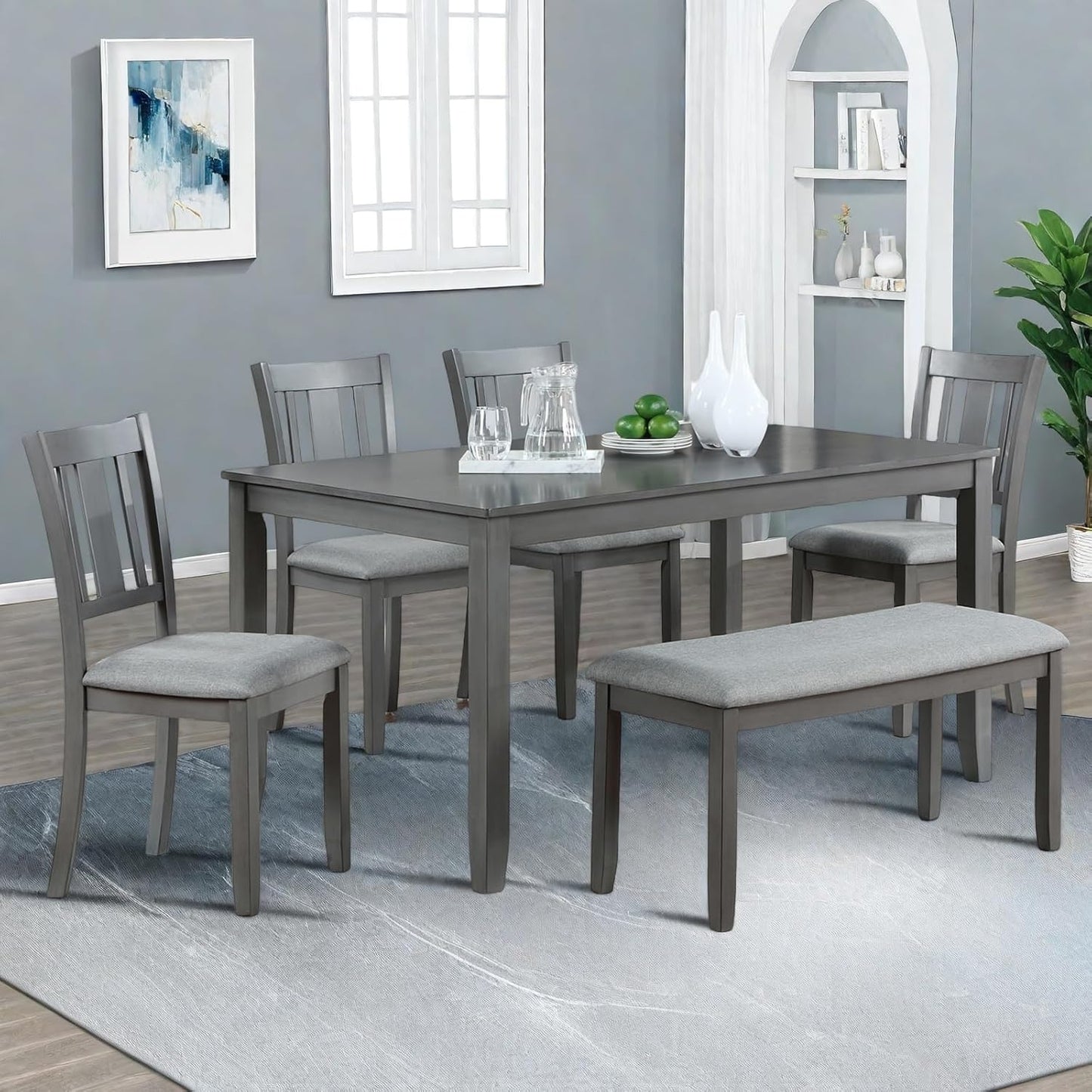 6-Piece Dining Table Set for 4-6 People, Kitchen Set with 4 Upholstered Chairs and One Bench, Living Room Chairs with Slatted Backrest, Rectangular Wooden Table for Home Bar and Kitchen, Gray
