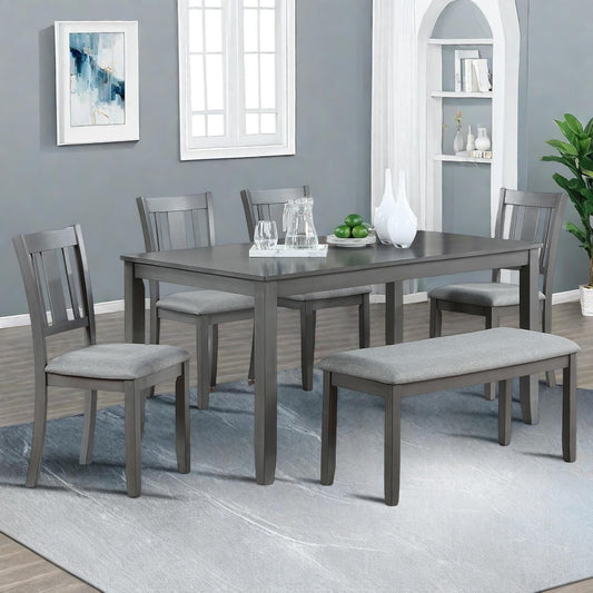 6-Piece Dining Table Set for 4-6 People, Kitchen Set with 4 Upholstered Chairs and One Bench, Living Room Chairs with Slatted Backrest, Rectangular Wooden Table for Home Bar and Kitchen, Gray