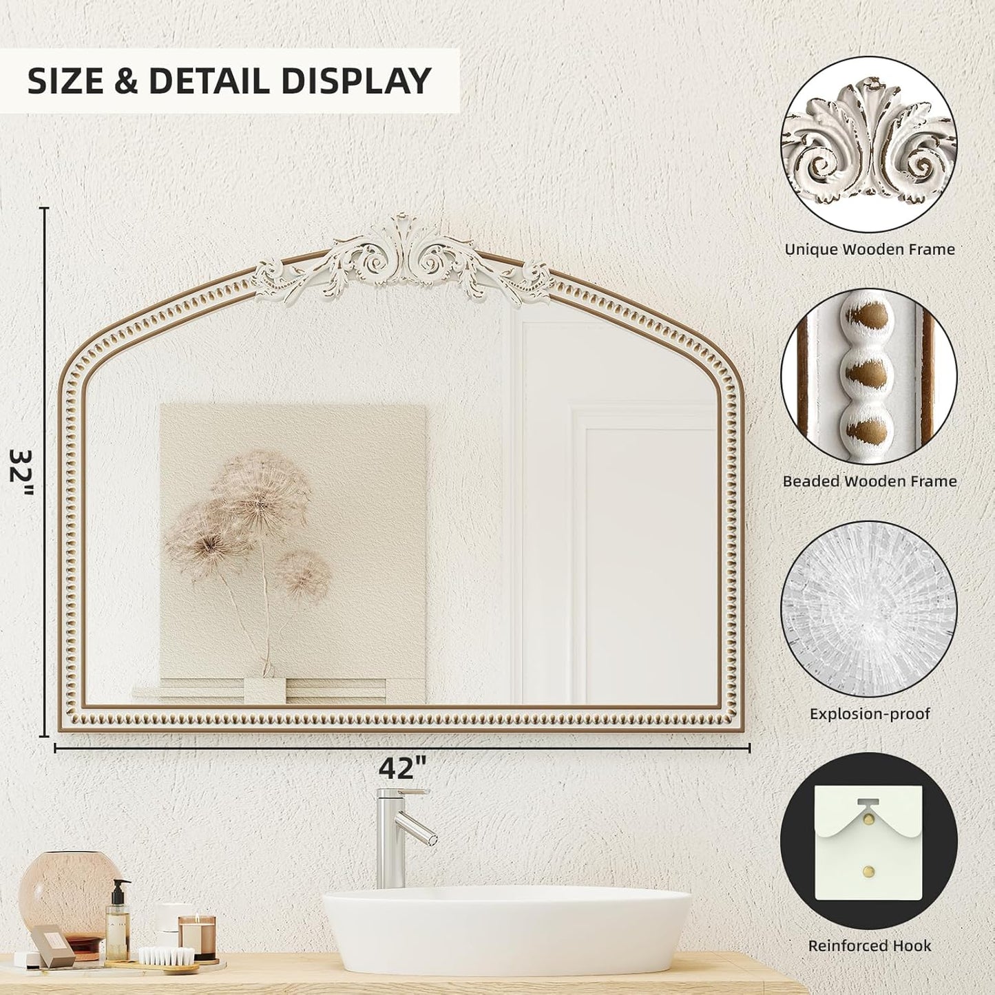 42''x32'' Baroque Wide Arched Wall Mirror, Ornate Wooden Farmhouse Arch Decorative Mirrors for Entryway, Fireplace, Bathroom with Beads Decor