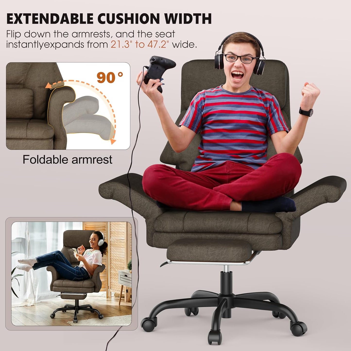 ELABEST C39 Cross Legged Office Chair with Footrest & Convertible Armrests - Pet-Friendly XL Home Desk Chair, Ergonomic Recliner with Lumbar Pillow, Criss Cross Design, Big and Tall Executive Chair