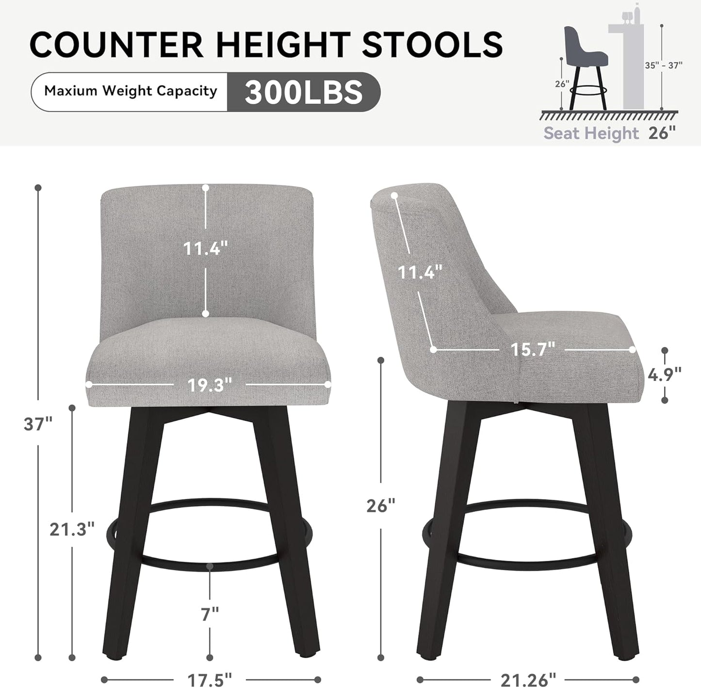 Counter Height Swivel Bar Stools Set of 4, 26 Inch Bar Stools with Footrest, Linen Fabric Upholstered Barstools with Back and Solid Wood Legs for Kitchen Island, Dining Room,Pub,Light Grey