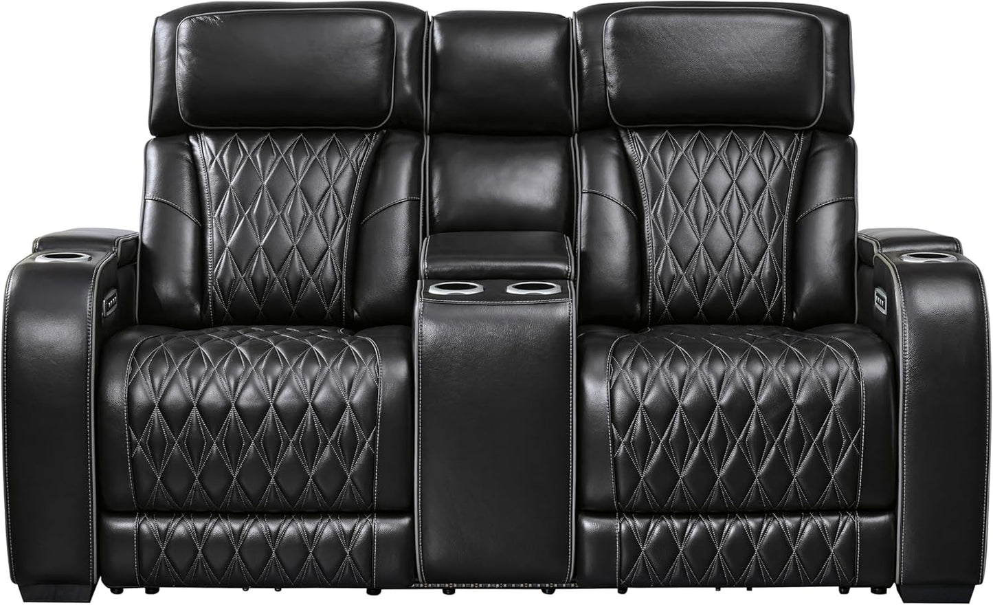 Signature Design by Ashley Boyington Modern Leather Match Power Reclining Loveseat with Console, Adjustable Headrest, Massage, Heated Seat and LED Lights, Black