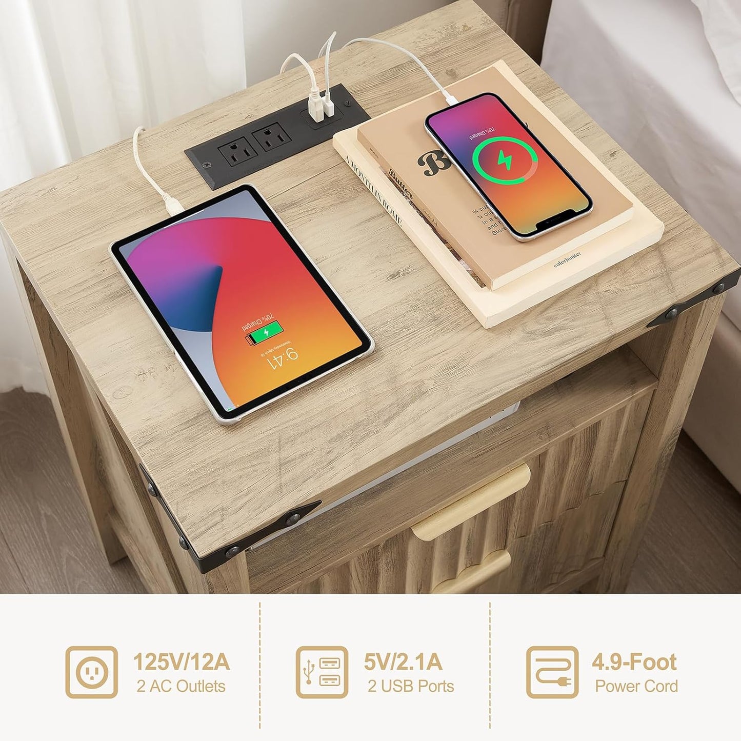 Fluted Nightstand with Charging Station Set of 2-20 Inch Wide Farmhouse Bedside Table with 2 Drawers, Modern Wood End Side Table for Bedroom Study Storage Sunwashed Ash Oak