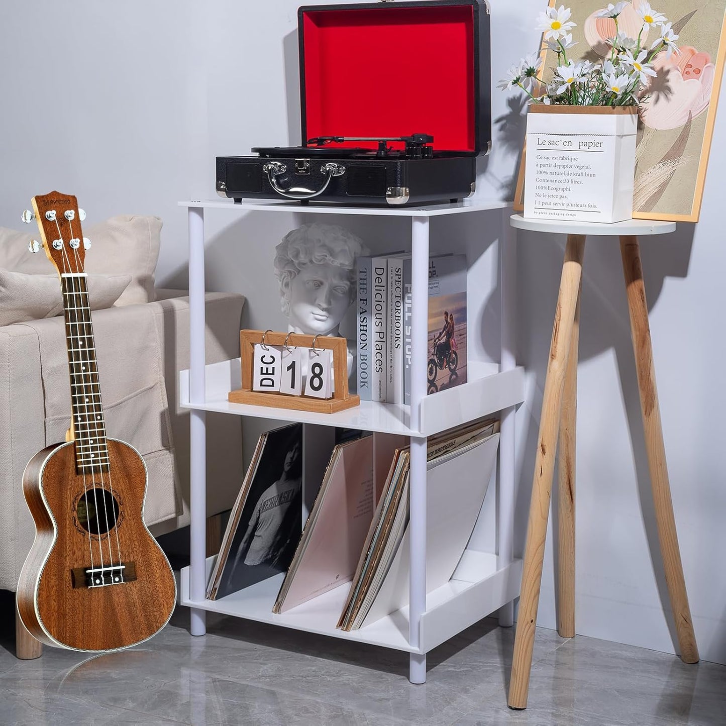 Antilope 18x14 White Acrylic Record Player Stand with Vinyl Storage, 3 Tiers Turntable Stand Holder Up to 200 Albums, Large Record Player Table Cabinet Organizer for Living Room Bedroom Corner