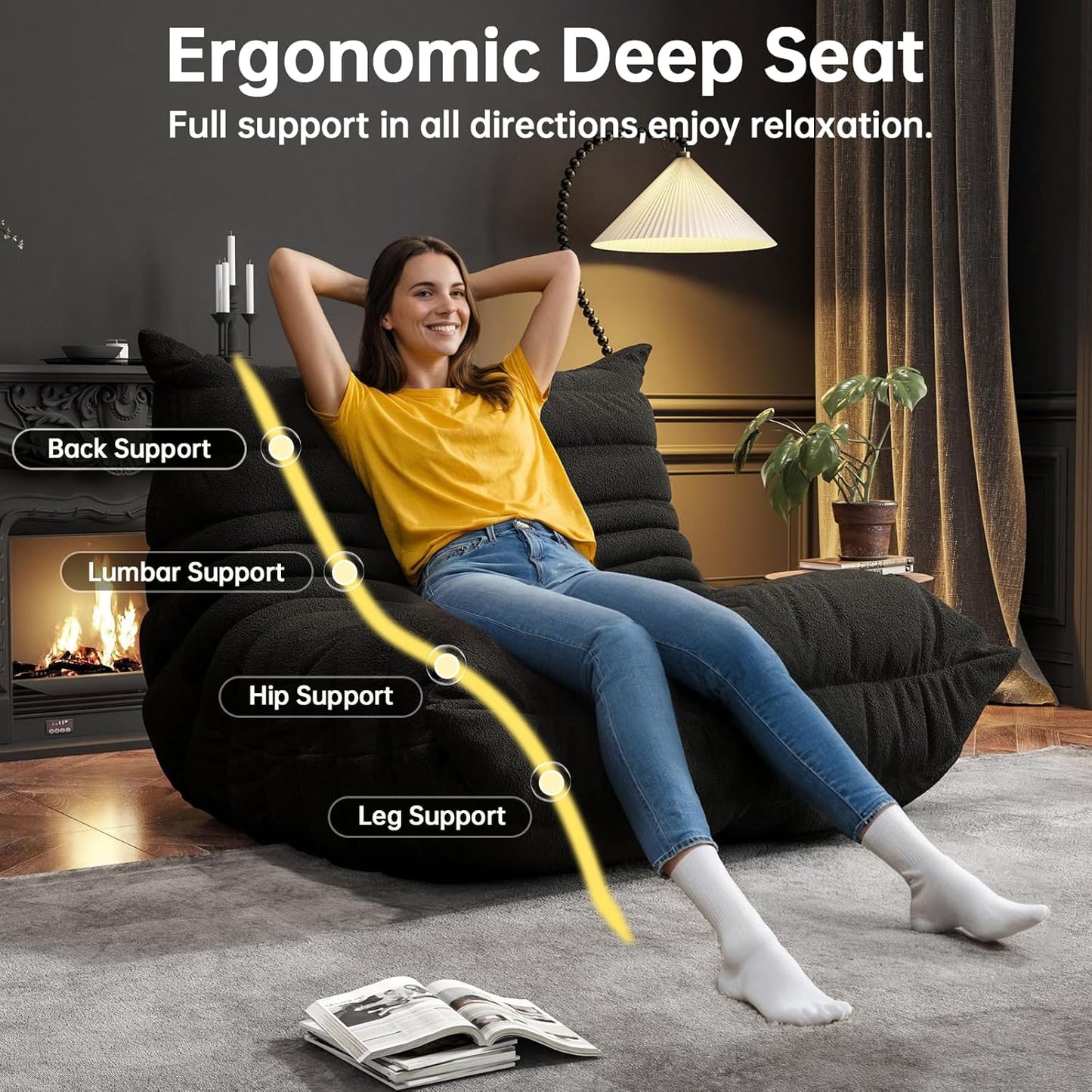 Bean Bag Chairs for Adults, BeanBag Reading Chair Memory Foam Couch, Floor Chair Soft Teddy Material, Comfy Reading Nook Chairs for Bedroom Living Room Office (Black)