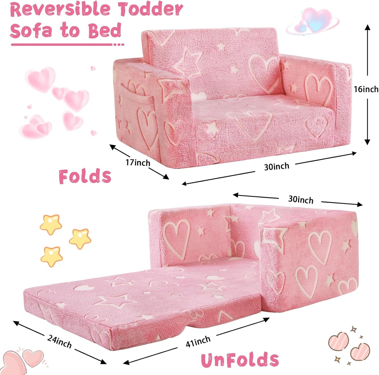 Toddler Chair Comfy,2-in-1 Soft Toddler Couch Fold Out for Kids,Convertible Sofa to Lounger,Gift for Girls and Boys Birthday,Heart,Large