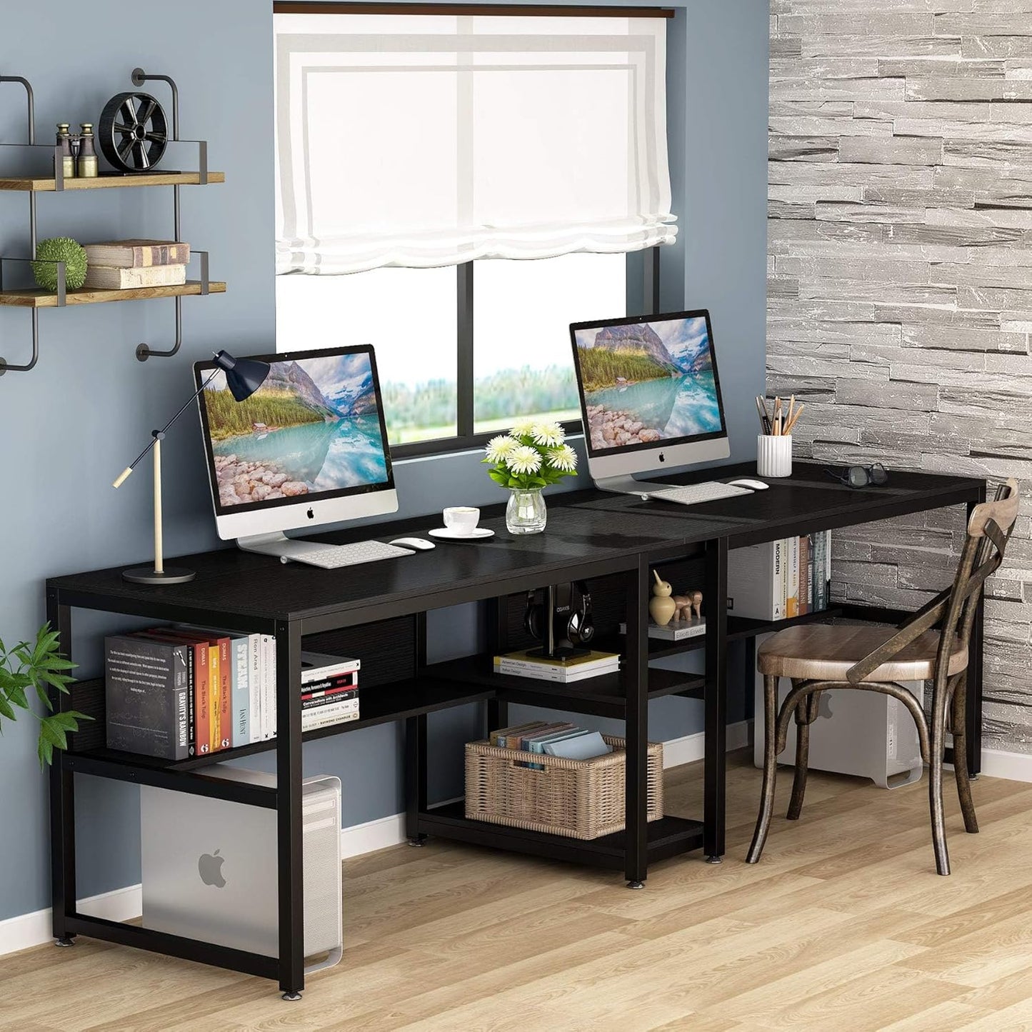 Tribesigns Two Person Desk with Bookshelf, 78.7 Computer Office Double Desk for Two Person, Rustic Writing Desk Workstation with Shelf for Home Office (Black)