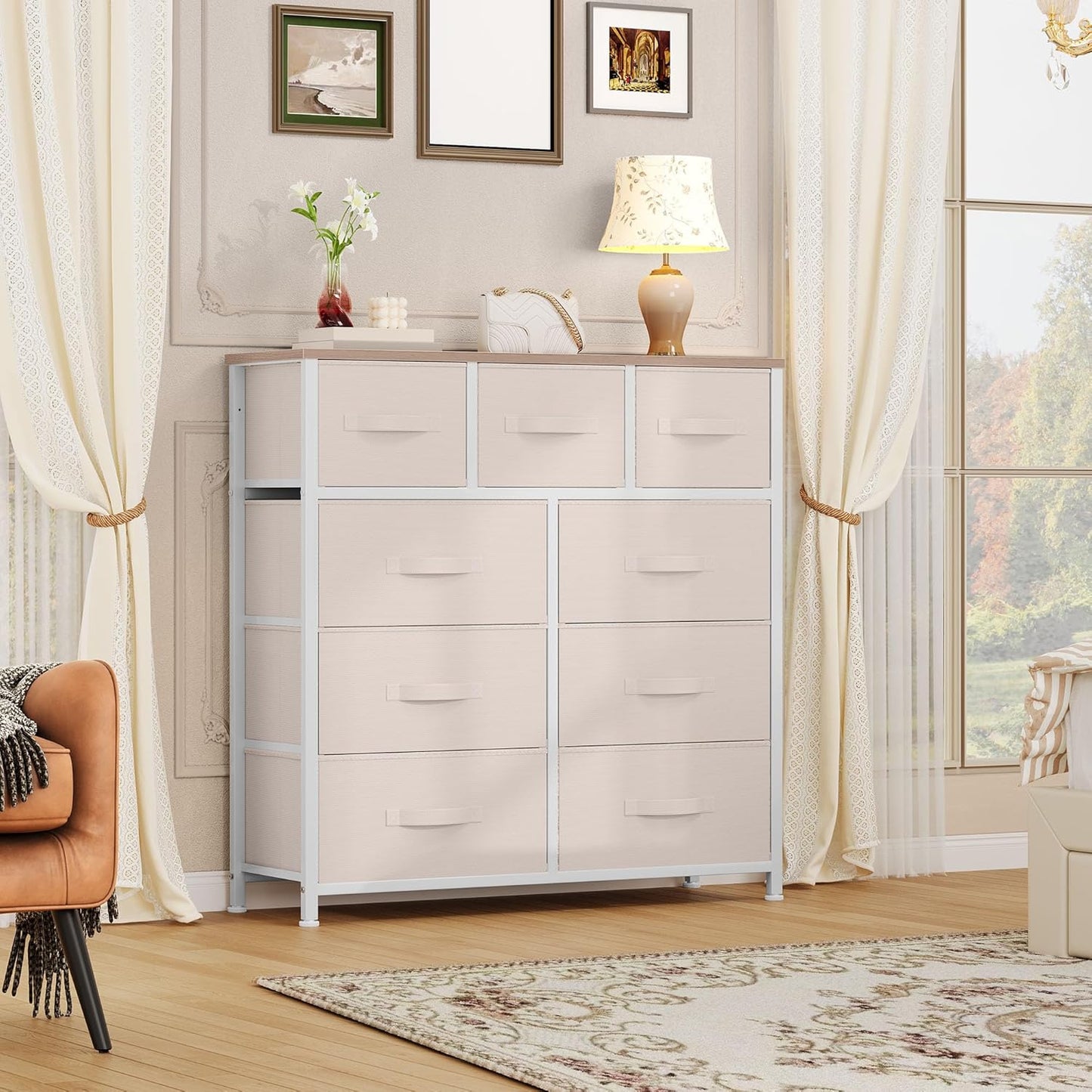 DWVO Dresser with 9 Drawers - Fabric Storage Tower, Organizer Unit for Living Room, Hallway - Sturdy Steel Frame, Wooden Top & Easy Pull Fabric Bins