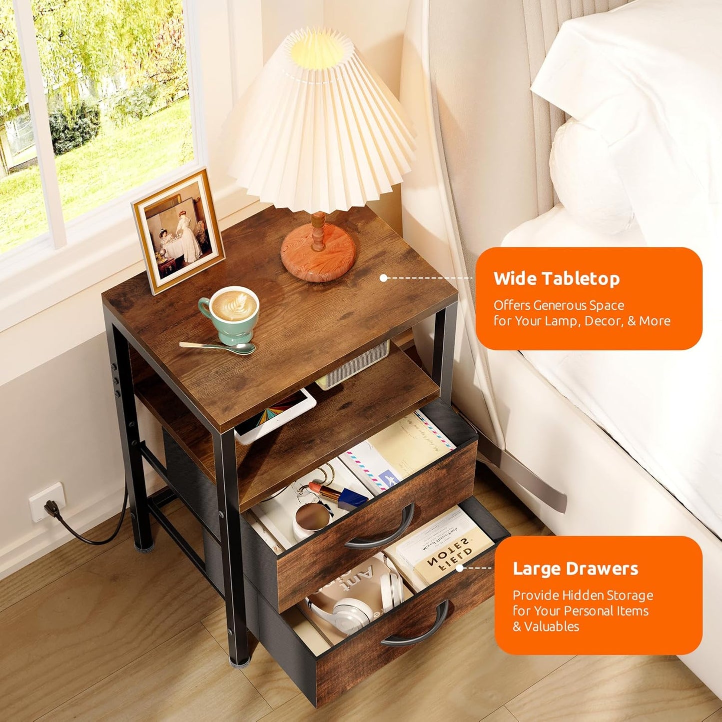 NightStand Bedside Charging Table Bedroom - Brown Night Stand with Charger Station, Modern Bed Side End Table with Open Shelf & 2 Fabric Drawers, USB-C USB Ports & AC Outlets for Dorm, Living Room