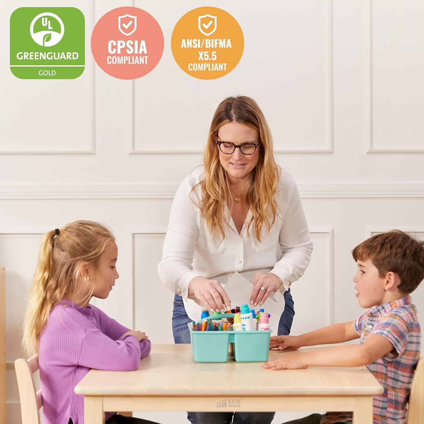 ECR4Kids 30in Square Hardwood Table with 22in Legs, Kids Furniture, Antique White