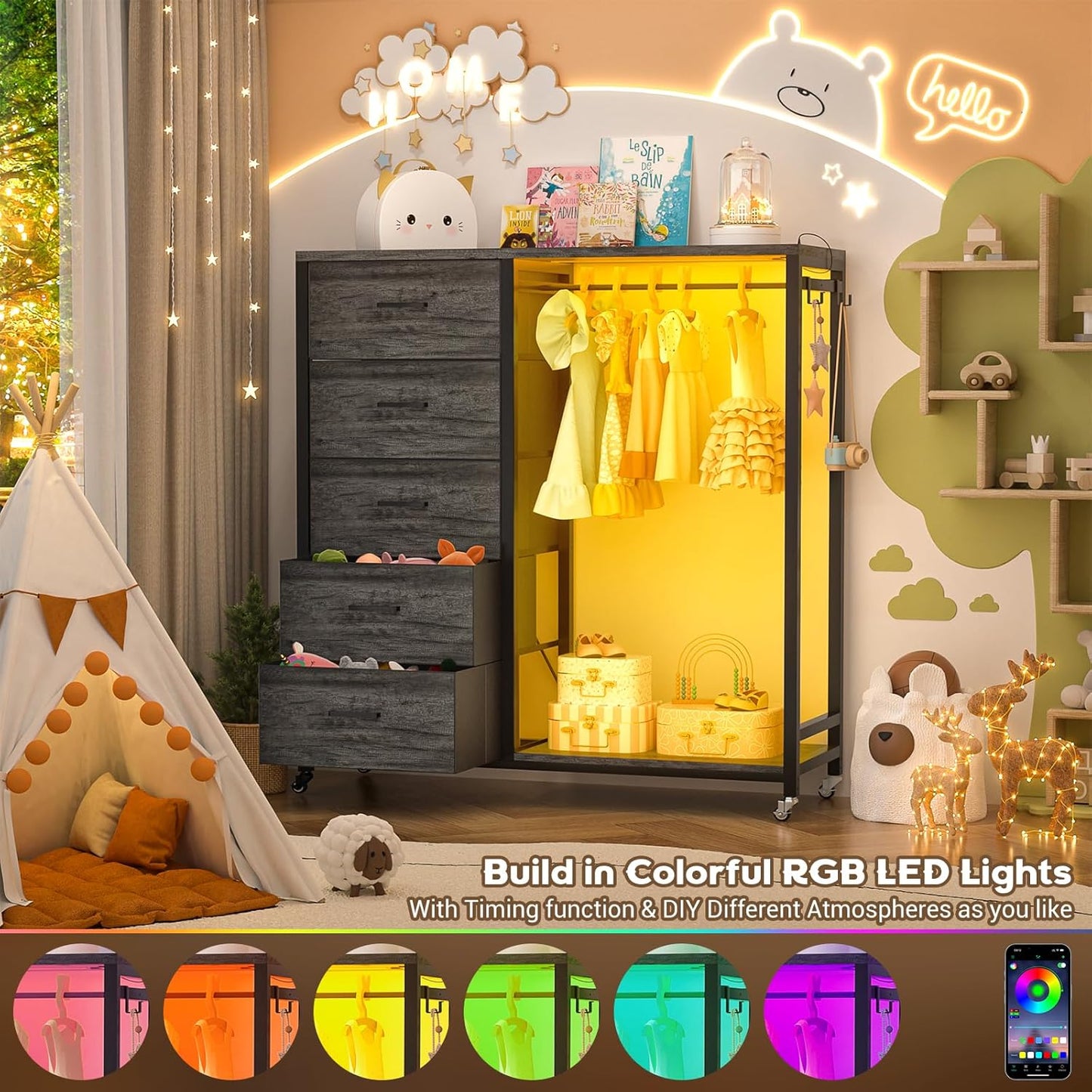 Cyclysio Dresser for Bedroom with Clothes Rack, 5 Fabric Drawers Dresser with Charging Station & LED Lights, Tall Storage Chest of Drawers with Wheels, Wooden Top, Lockable Wheels, Closet, Grey