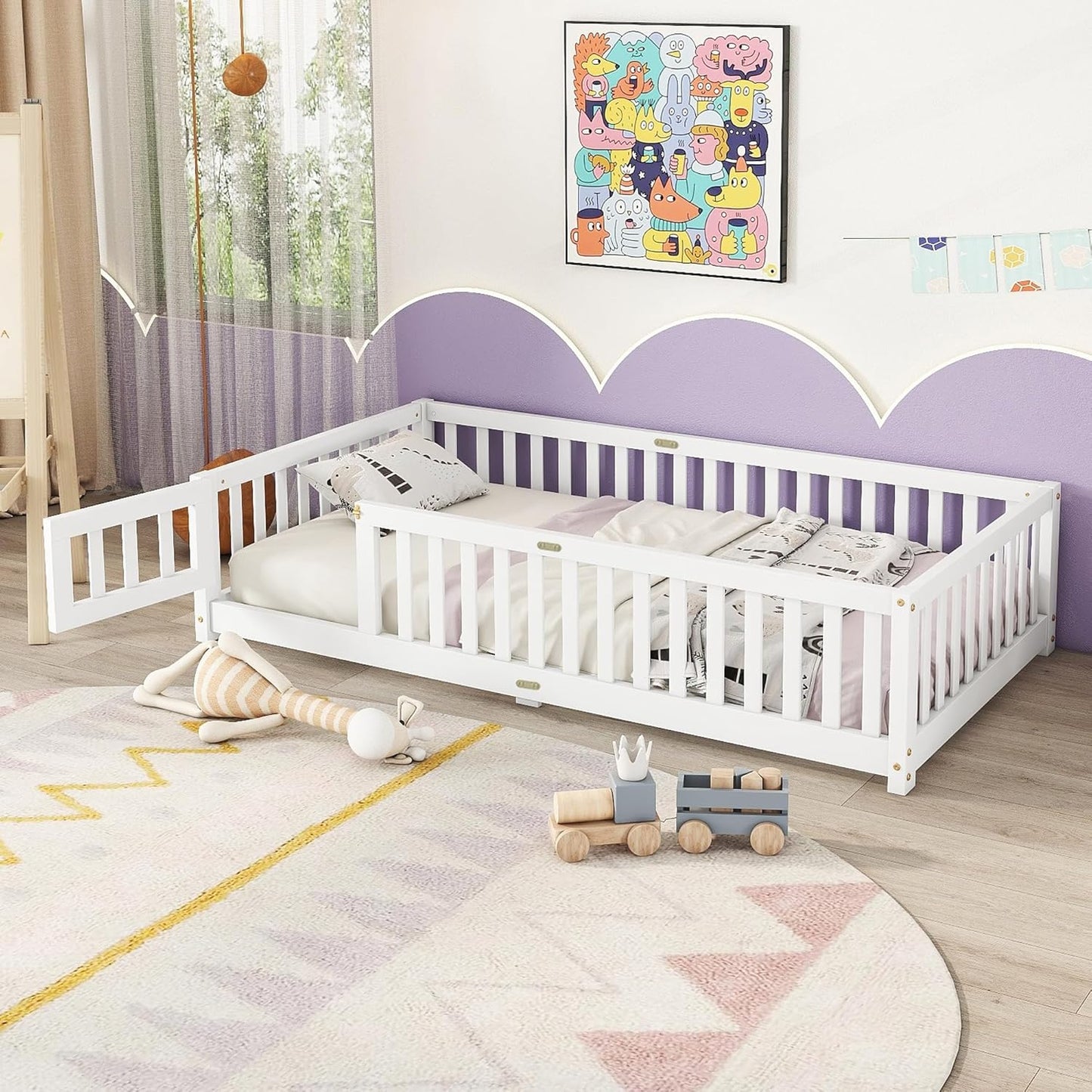 Twin Floor Bed Frame with Slats and Safety Guardrail, Wood Twin Size Montessori Floor Bed with Door and Fence, Easy Assemble Montessori Beds for Kids, Girls, Boys, White