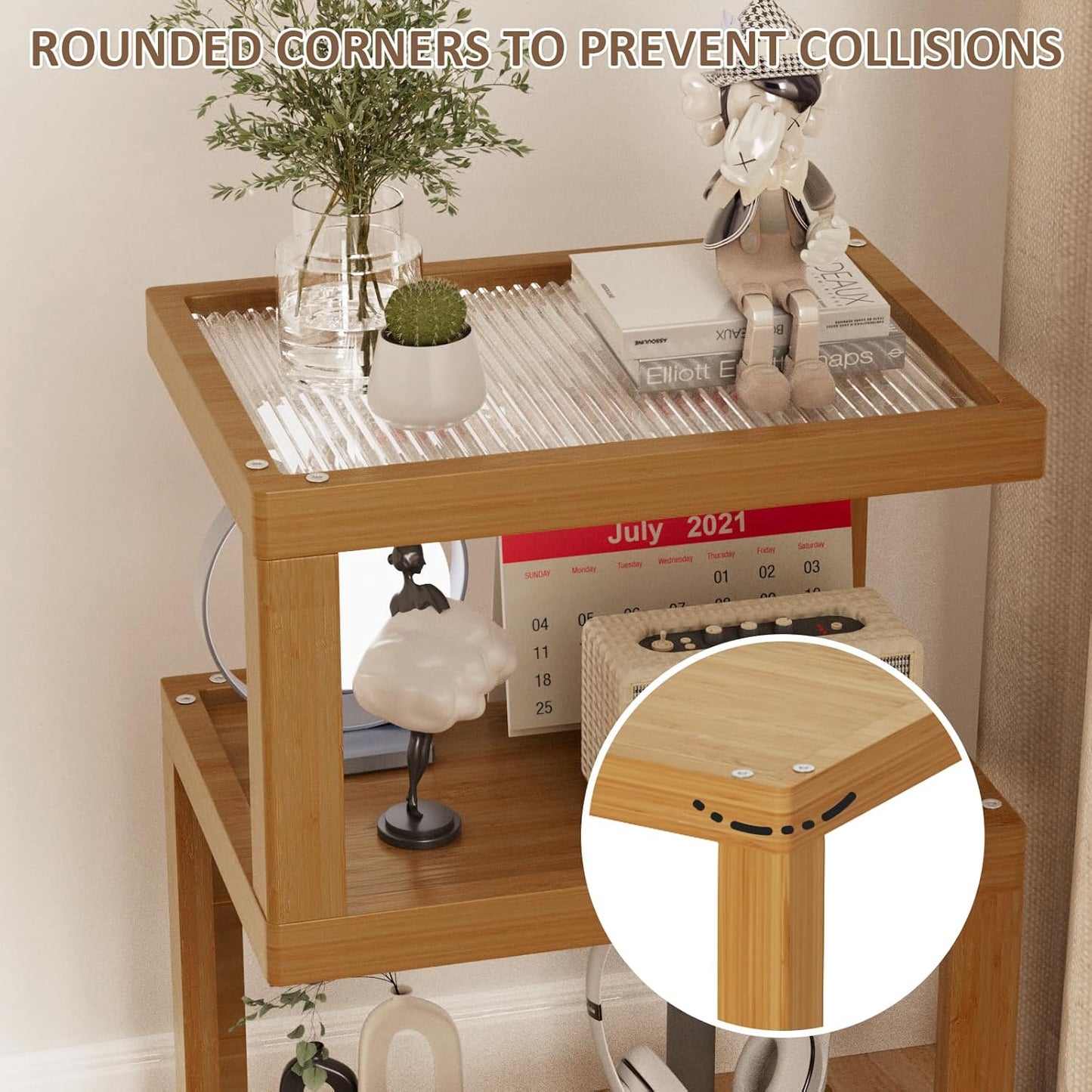 3-Tier Side Table - Walnut Geometric Design with Glass Top & Wheels, Sofa & Bedside Table for Small Spaces, Living Room & Bedroom Modern Minimalist