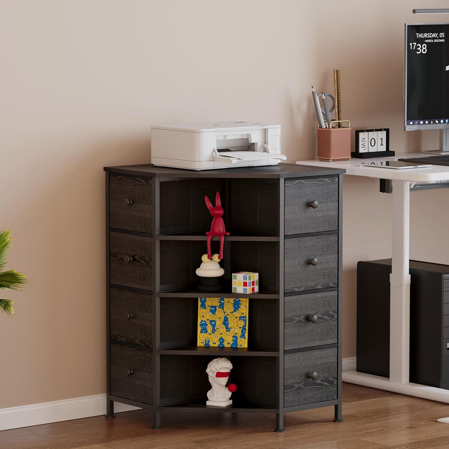 LUMTOK 8 Drawers Corner Dresser with Storage Fabric Drawers and Open Shelves for Small Space，Bedroom，Entryway，Living Room (Black Wood Veins)