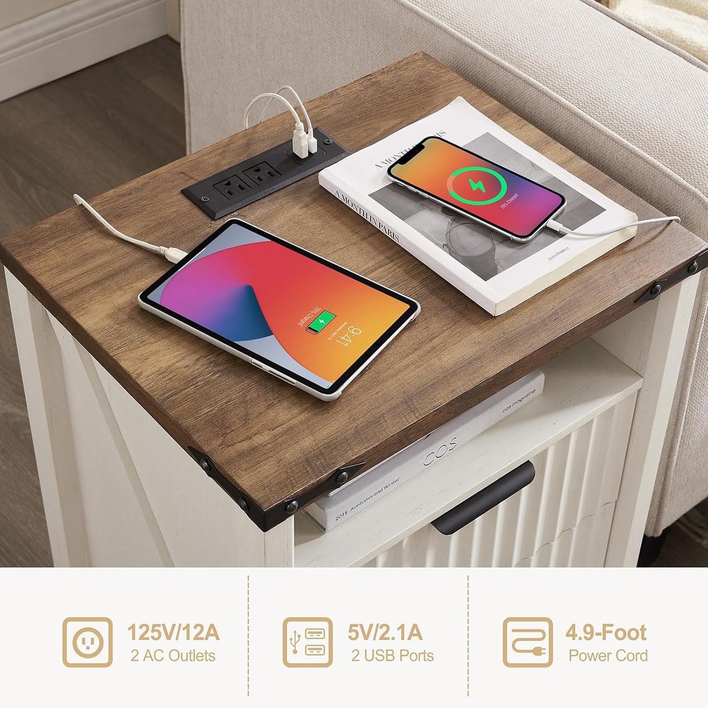 Antique White Night Stand with Charging Station - 20 Inch Farmhouse Fluted Bedside Table with 2 Drawers, Modern Wood End Side Table for Bedroom Home Study Storage