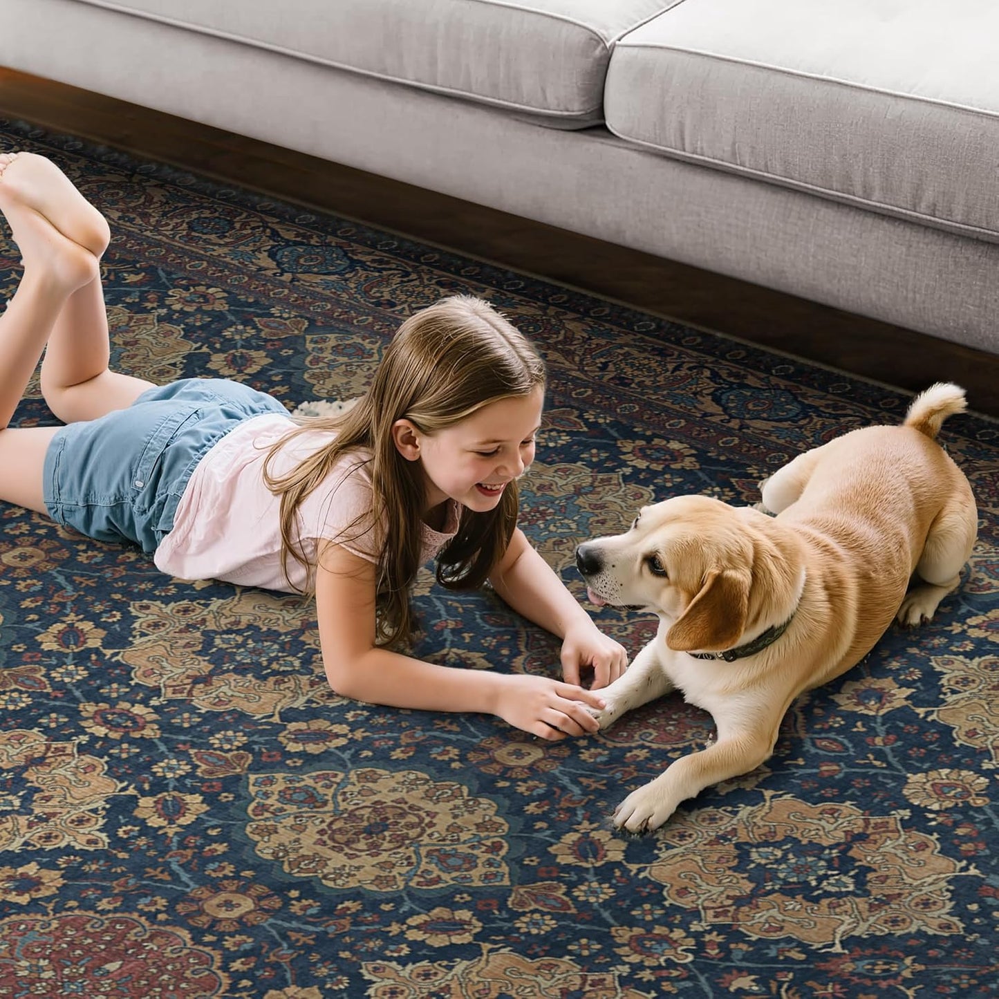 8X10 Area Rugs Machine Washable Rugs for Living Room, Vintage Boho Large Rugs for Bedroom Dining Room, Non Slip Indoor Soft Distressed Lightweight Thin Low Pile Carpet, Navy Tan