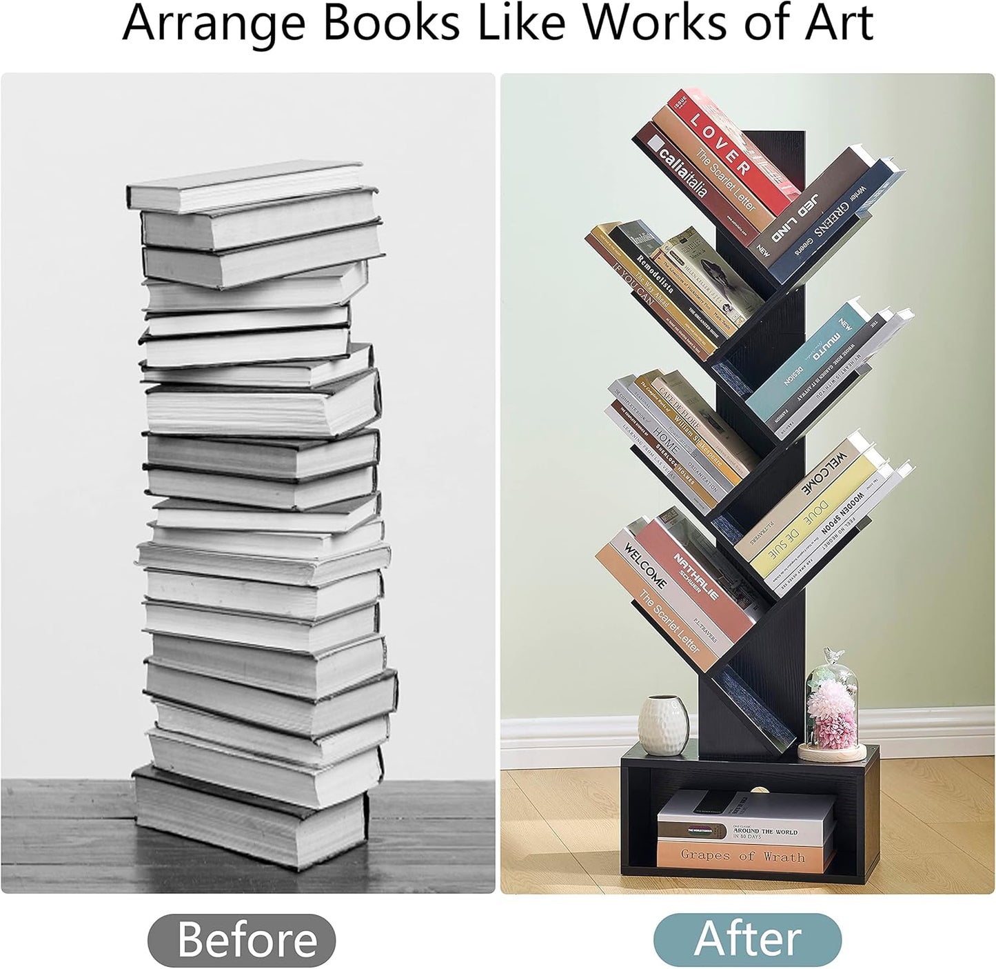 Hoctieon 6 Tier Tree Bookshelf, Tall Bookcase with Drawer, Freestanding Book Shelf, Display Floor Standing Storage Shelf, Book Organizer Shelves for Home Office, Living Room, Bedroom, Black