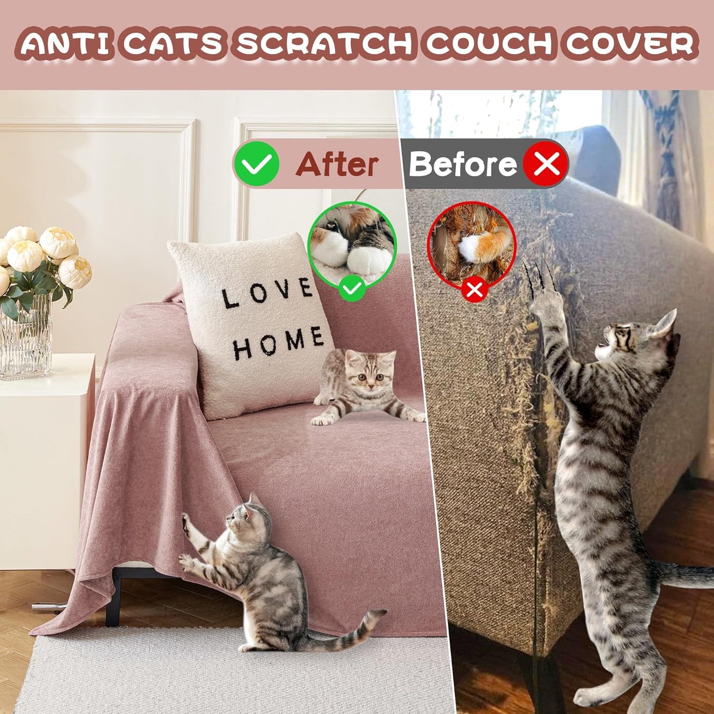 MYSKY HOME Pink Sofa Cover, Couch Covers for Sofa, Pet Couch Cover Reclining Couch Covers Loveseat Covers for 2 Cushion Couch Thick Durable Cushion Covers for Furniture Couch Cover, 71" x 102"