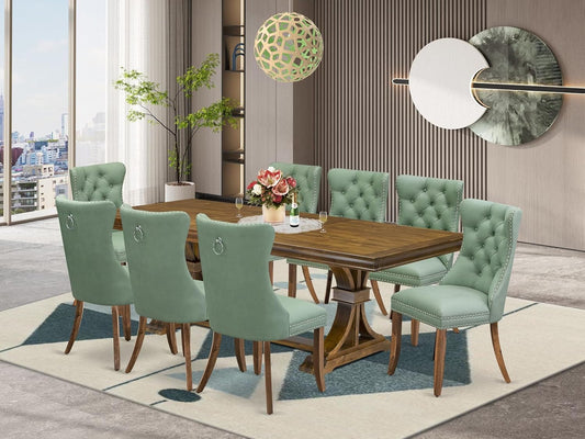 LEDA9-AWA-22 9-Piece Modern Dining Table Set Includes a Kitchen Table and 8 Willow Green Polyester Fabric Dinner Chairs with Button Tufted Back - Antique Walnut Finish