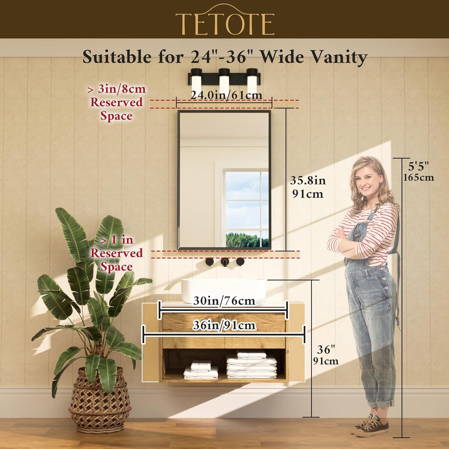 TETOTE Brushed Gold Mirror for Bathroom Sink 24" x 36" Beveled Frame Brushed Gold Brass Vanity Rectangle Mirror for Bathroom Wall, Modern Farmhouse, Tempered Glass, Stronger Frame