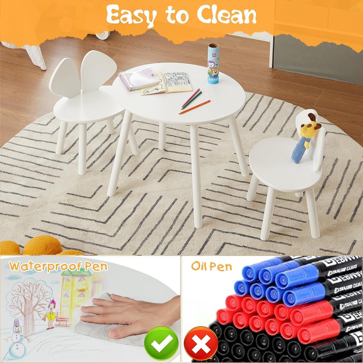 VECELO Kids Table and Chair Set, Wooden Oval Toddler Table with 2 Bunny Ear Chairs, Playroom Furniture for Drawing, Crafts, and Activities, Easy Assembly, Pure White