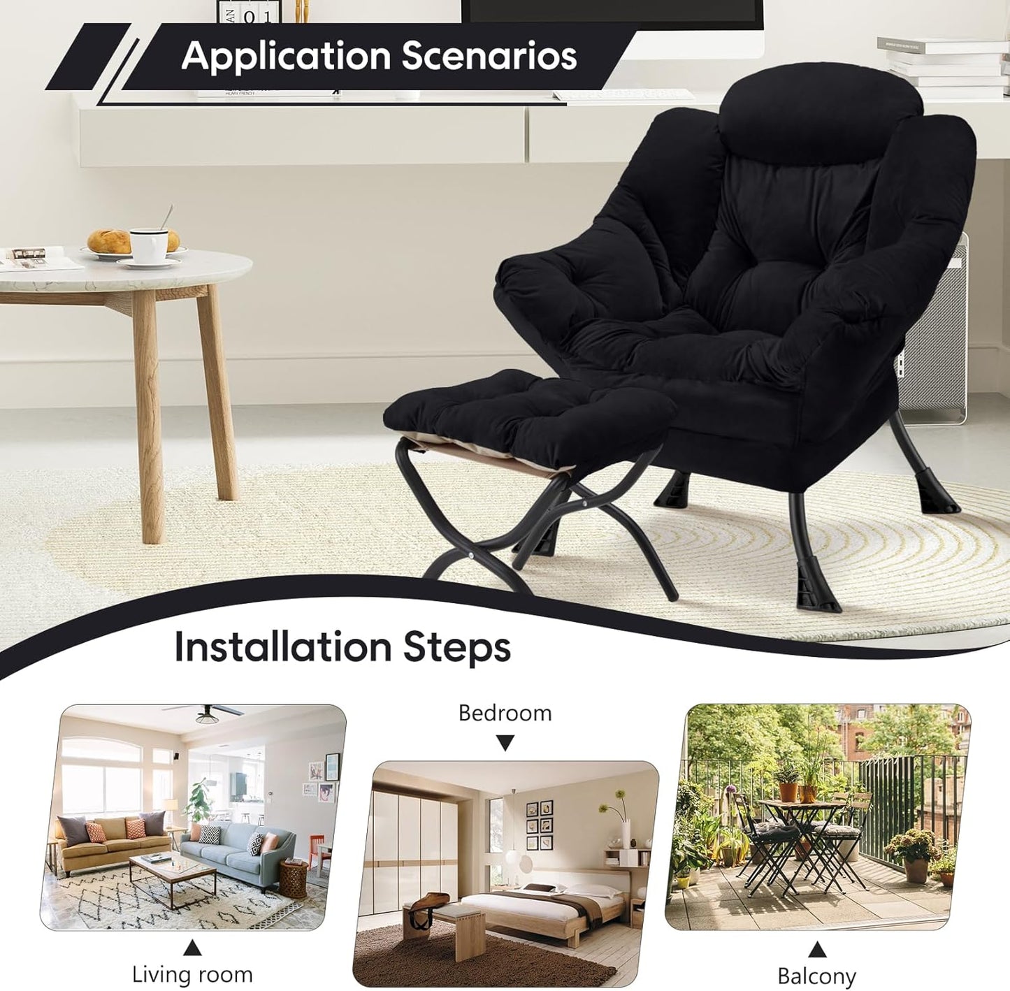 Lazy Chair with Folding Ottoman Modern Large Accent Chair,Contemporary Lounge Leisure Sofa Chair with Armrests Upholstered Sofa Armchair Reading Chair for Bedroom,Dorm & Office(Black-f)