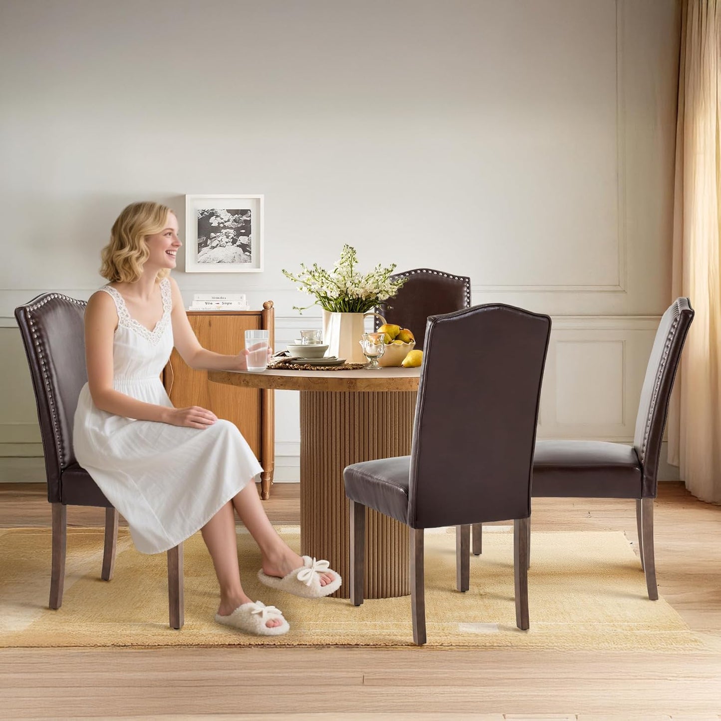 Stylish Upholstered Parsons Dining Chair PU Faux Leather with Silver Nailhead Trim and Sturdy Solid Wood Legs