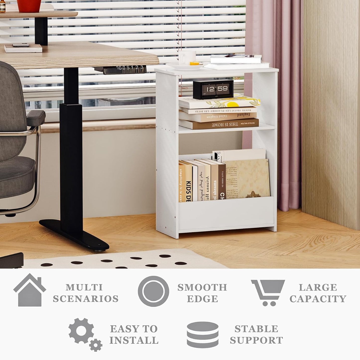 3-Tier Narrow End Table, Small Stand Shelf Narrow White Side Table with Storage Shelf, Small Bookshelf Bedside Table for Bedroom, Living Room, Office, Bathroom