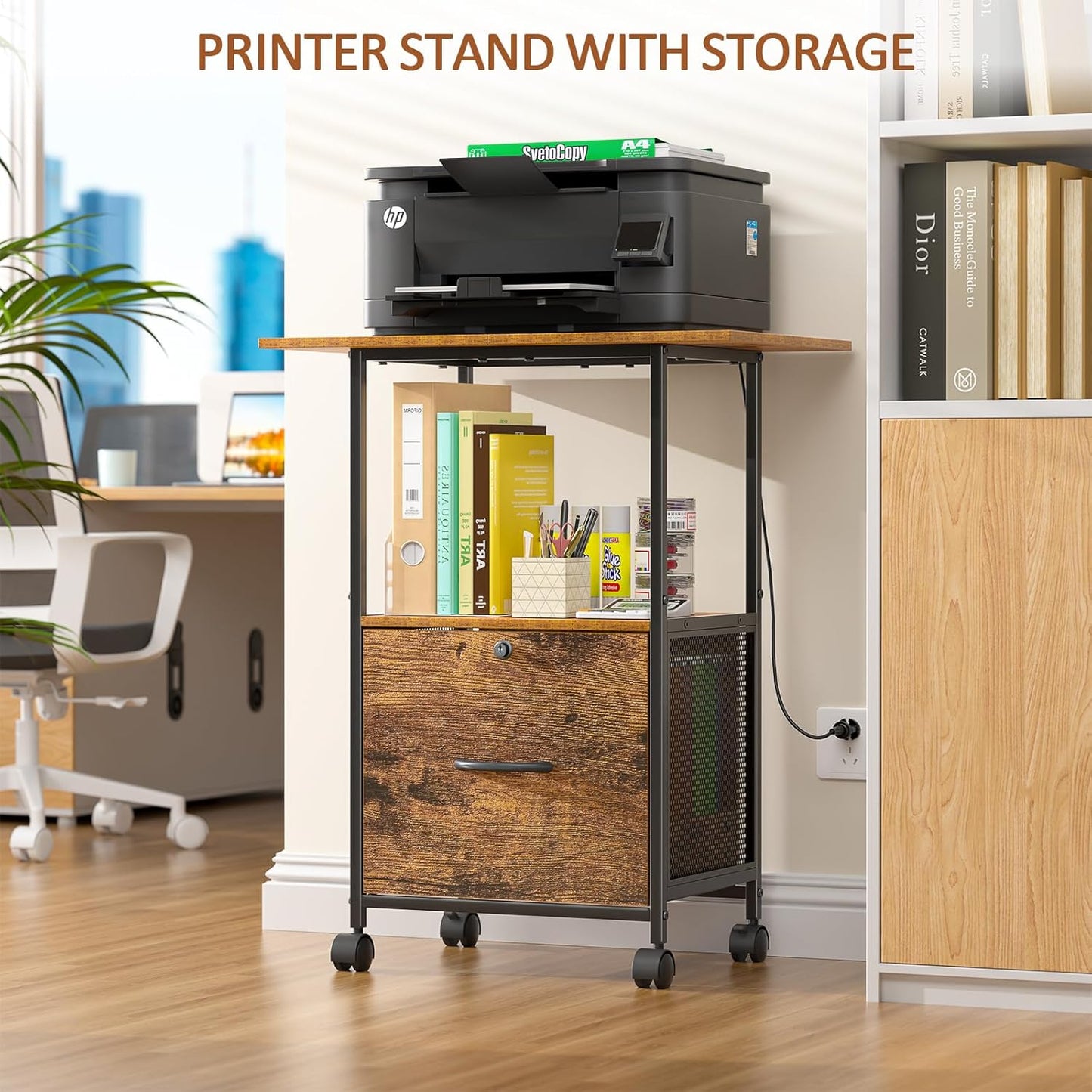 Small Filing Cabinet with Lock, Printer Stand with File Storage, Rolling Locking File Cabinet with Drawer Vertical File Cart with Wheels, Lockable Filing Cabinet for Home Office