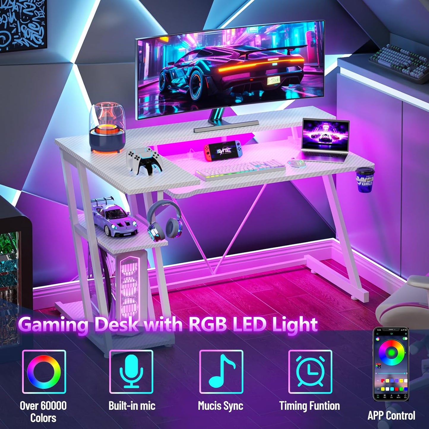 40 Inch Gaming Desk with Power Outlet & LED Lights, L Shaped Computer Gaming Table with 3 Tiers Storage Shelves, Corner Gamer Desk with Monitor Stand for Small Space, Carbon Fiber White