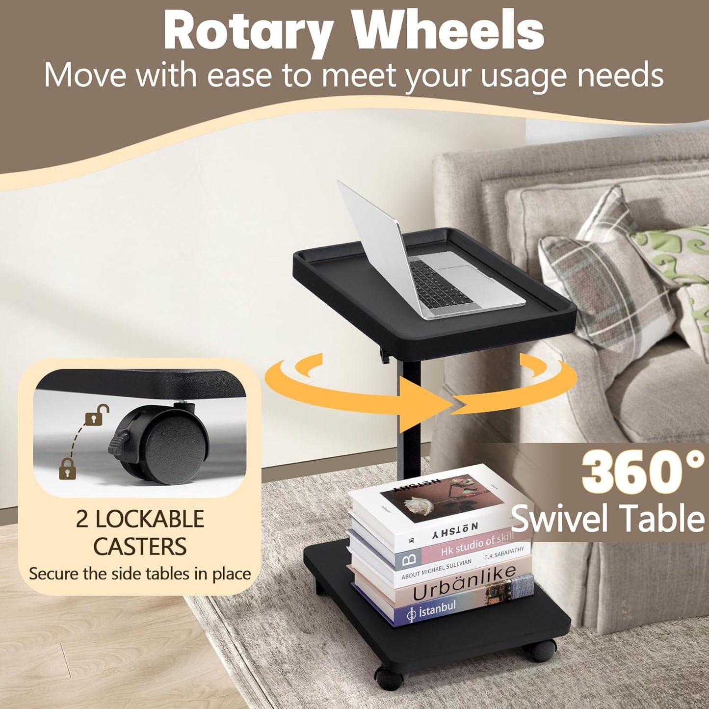 Aoligrace C Shaped End Table Adjustable Height, 360° Swivel Side Table with Wheels, Small TV Tray C Table for Living Room Bedroom, Couch Tables That Slide Under for Sofa Bed Chair