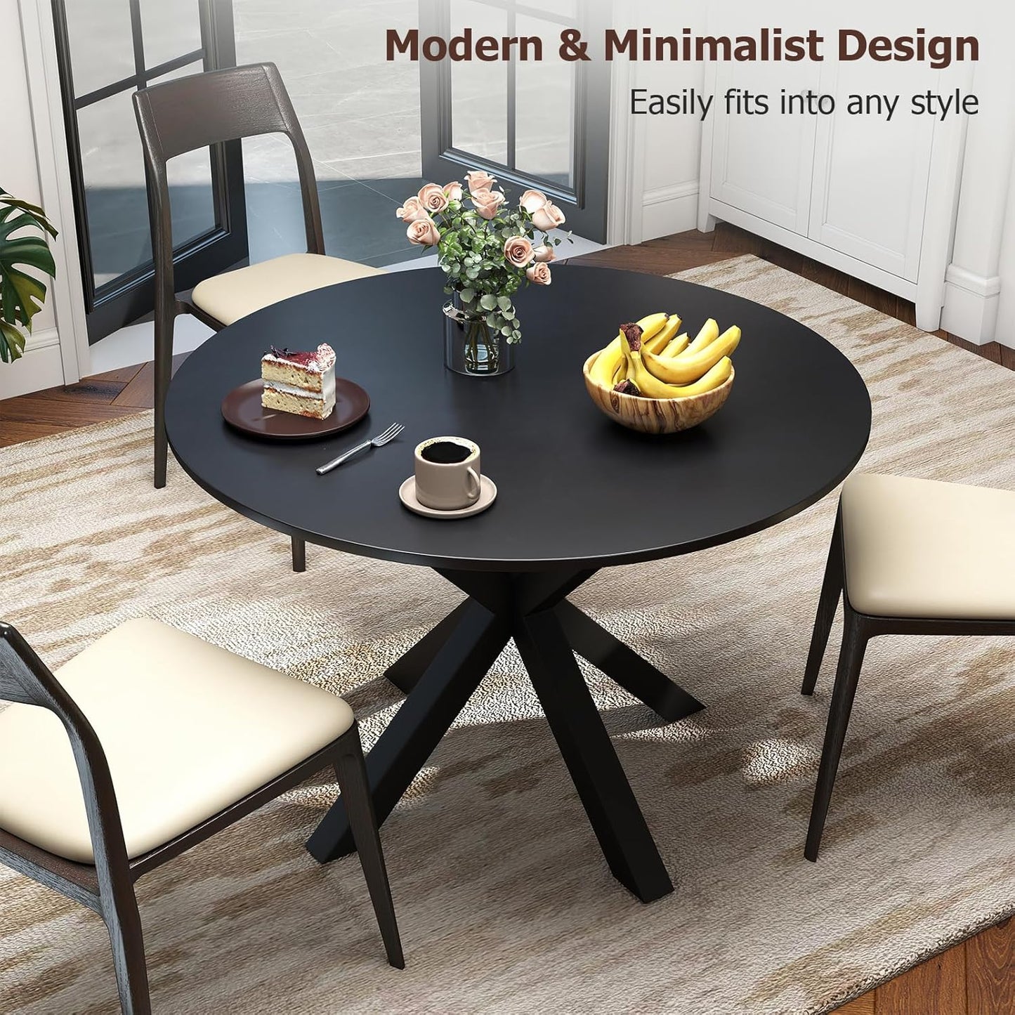 Round Dining Table, 42" Kitchen Dining Table for 4-6, Small Round Table with Metal Cross Legs, Modern Round Dining Room Table for Kitchen, Apartment, Living Room, Black