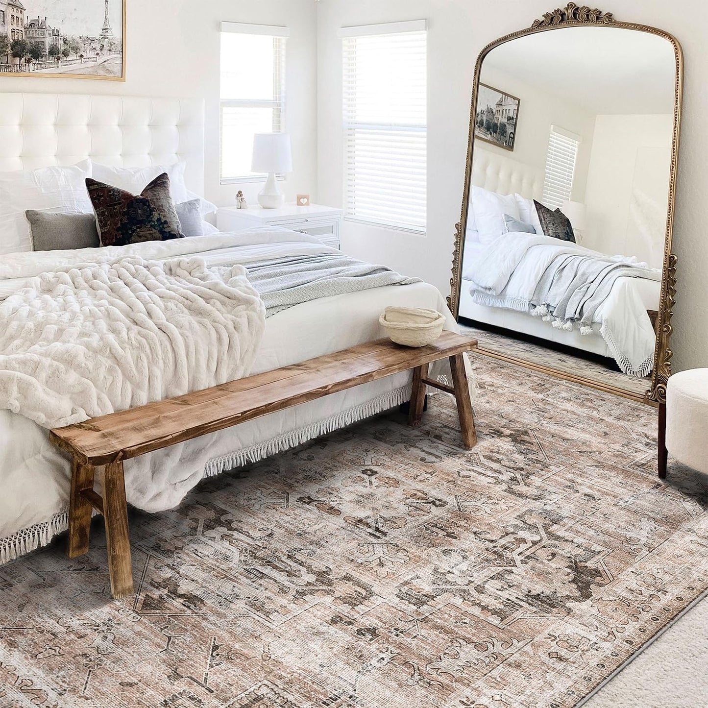 GENIMO 10x14 Area Rugs for Living Room, Machine Washable Non Slip Vintage Retro Rugs, Low Pile Lightweight Thin Print Rug for Bedroom, Dining Room, Home Office, Brownishi Drab