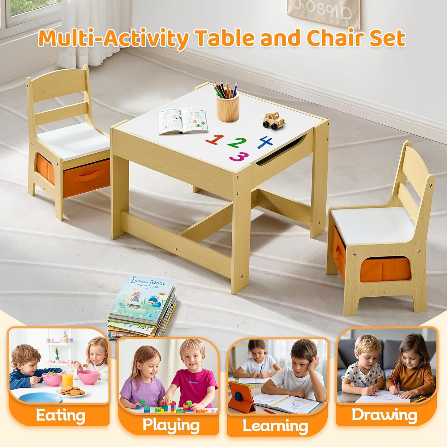 Kids Table and Chairs Set, 4 in 1 Wooden Kids Table with Reversible Tabletop, Children Activity Table with Removable Tabletop Storage, Toddler Table and Chair Set for Home, Nursery, Playroom
