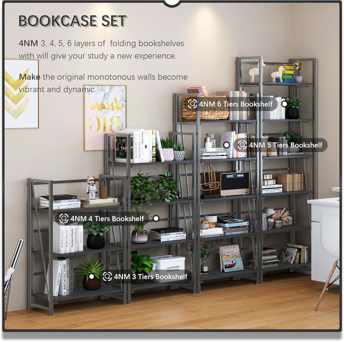 4NM No Assembly Folding Bookshelf, 6-Shelf 74" H Collapsible Foldable Bookcase Storage for Small Spaces, All Black