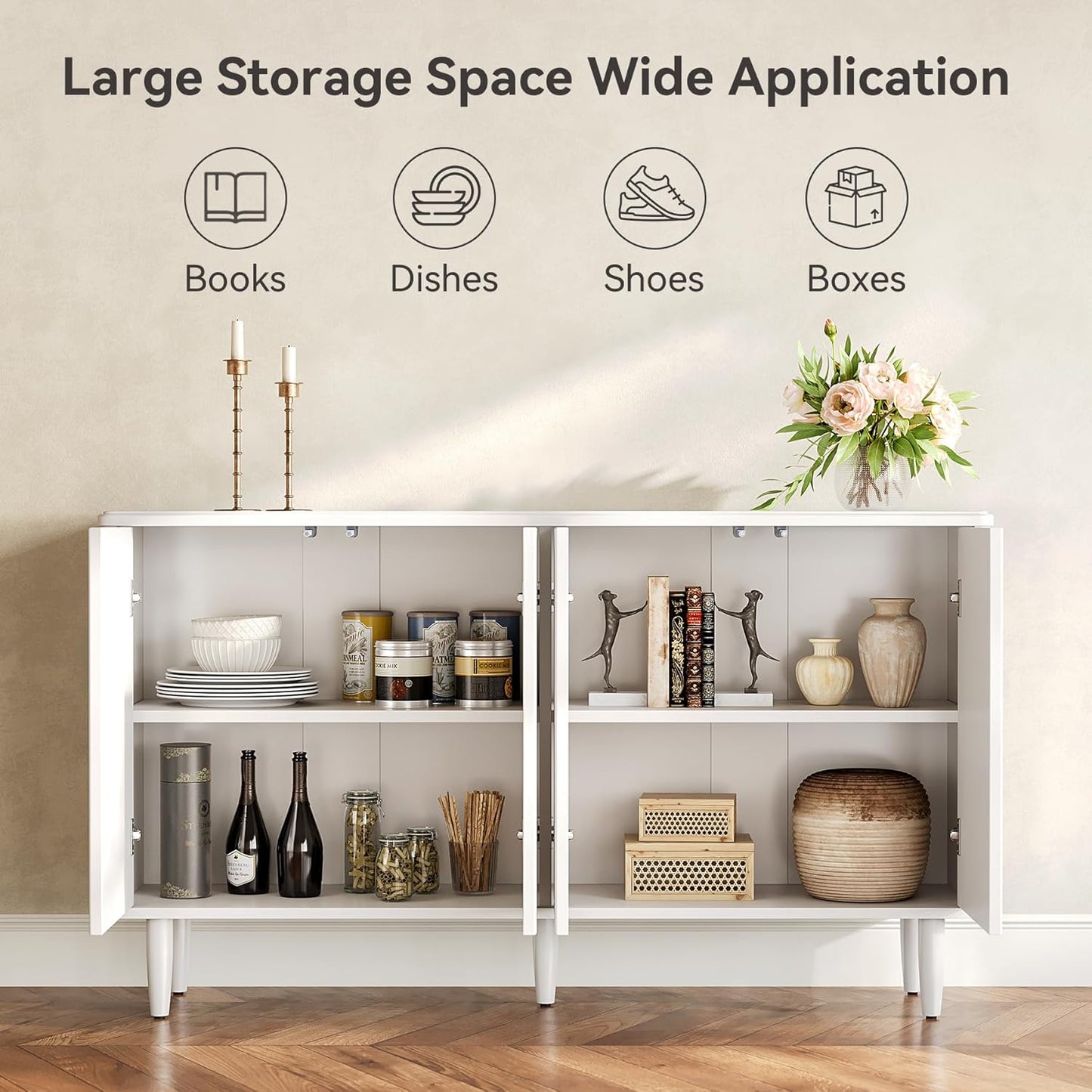 LITTLE TREE 59-Inch Buffet Cabinet Sideboard with Storage, Modern Sideboard Buffet Table with Doors for Living Room, Dining Room (White)