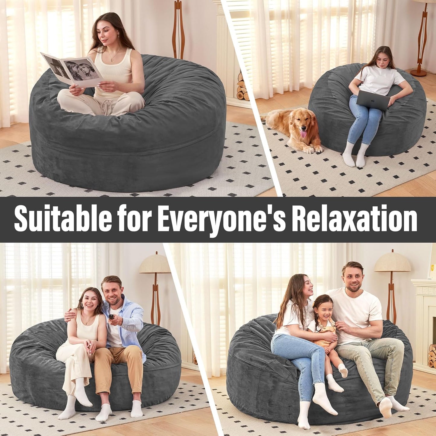 HABUTWAY Bean Bag Chair: Giant 6' Memory Foam Furniture Bean Bag Chair with Microfiber Cover - 6Ft,Grey