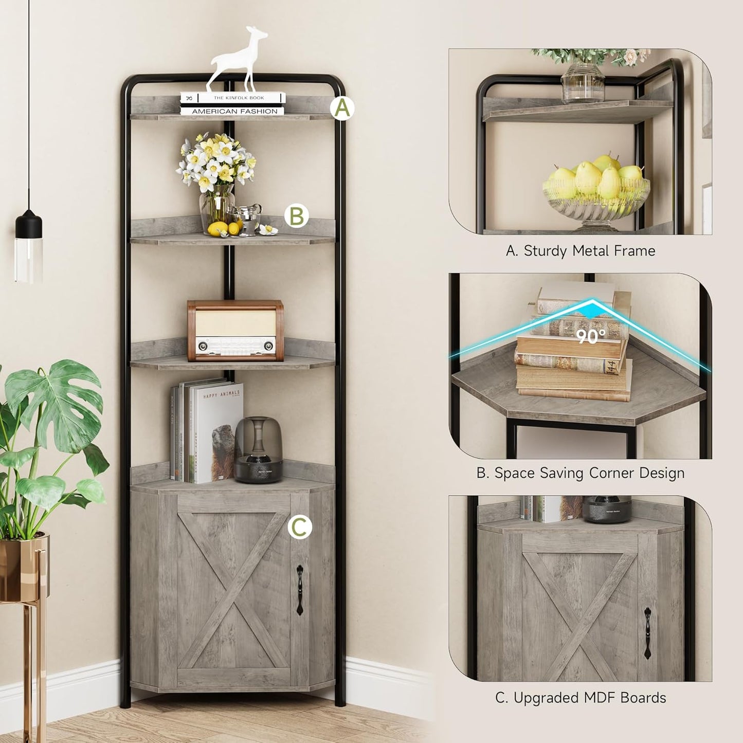 IDEALHOUSE 70.9 Inch Corner Cabinet 5-Tier Tall Corner Cabinet Farmhouse Bookshelves Rustic Storage Rack Industrial Bookcase Plant Stand for Living Room, Bedroom, Home Office, Kitchen