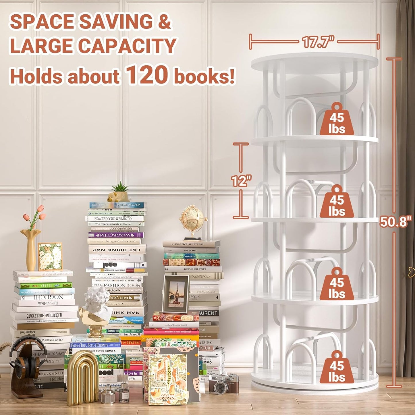 Aheaplus 4 Tier Rotating Bookshelf Tower, 360 Display Spinning Bookcase, Revolving Round Book Shelf Narrow Swivel Bookshelf, Vertical Turning Spiral Corner Book Organizer for Small Space, White
