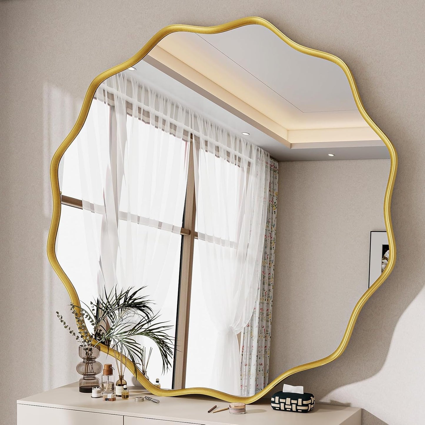 Round Wavy Mirror, 42 Inch Metal Frame Circle Mirror, Round Wall Mounted for Entryway, Bathroom, Vanity, Living Room, Gold
