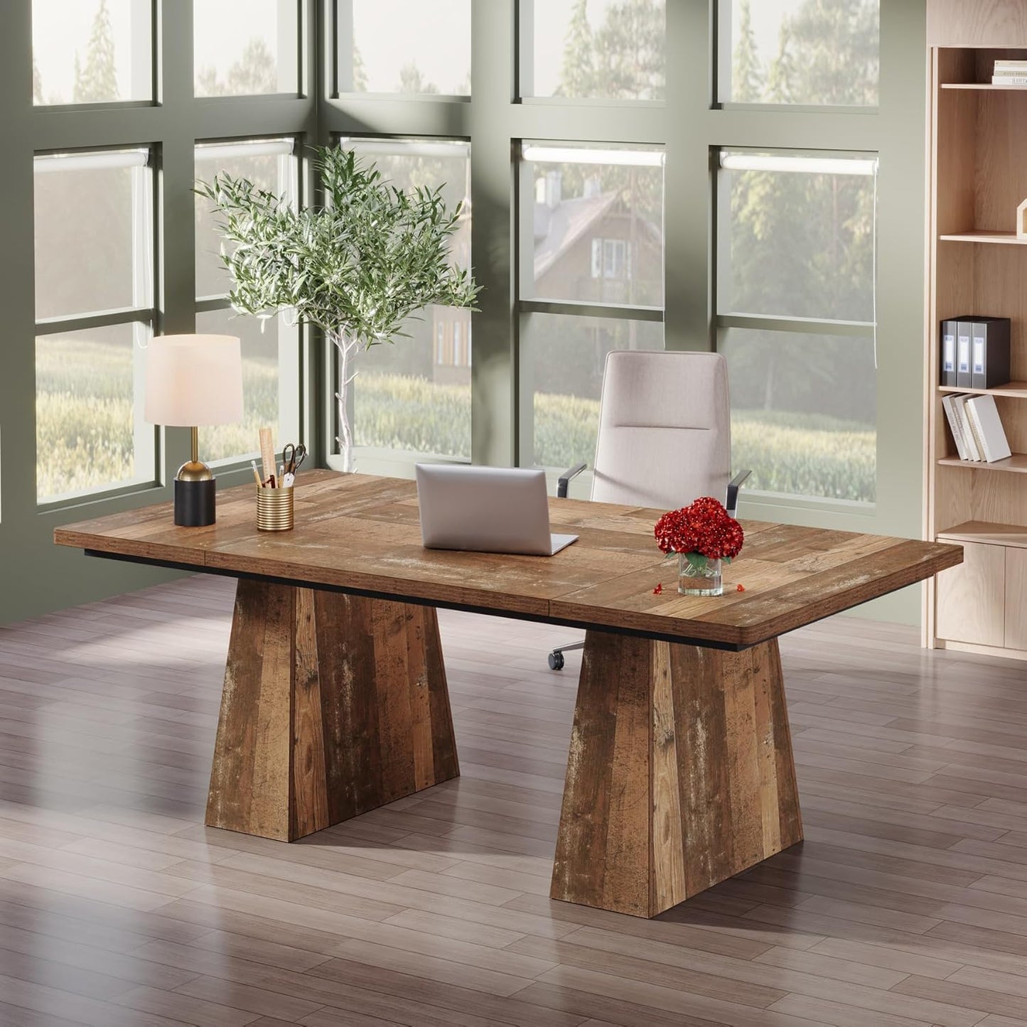 Tribesigns 63-Inch Executive Desk, Large Office Computer Desk with Double Pedestal, Modern Simple Workstations Writing Table Conference Table Business Furniture for Home Office, Espresso Brown