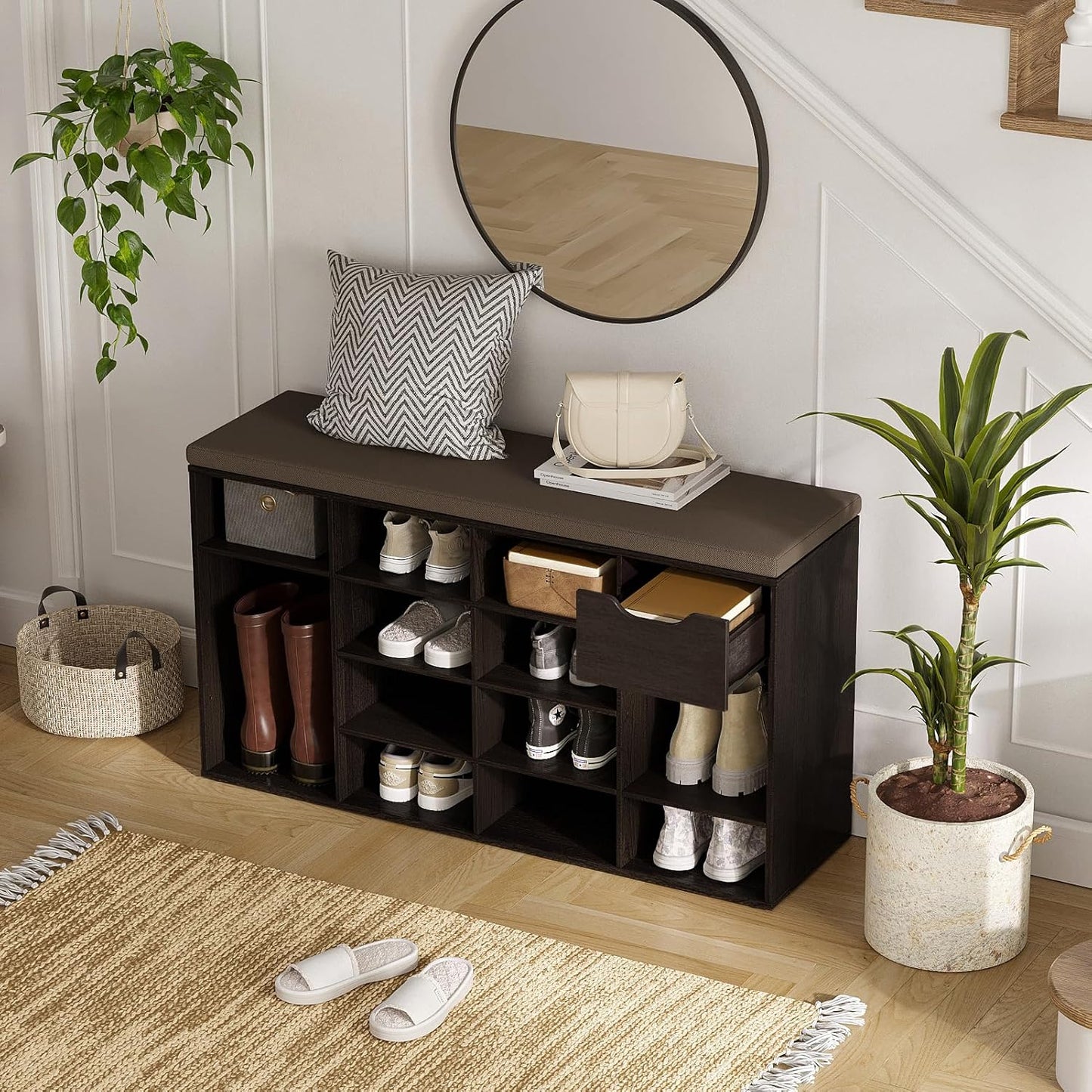 DINZI LVJ Shoe Bench, Entryway Storage Bench with Drawer and 15 Cubbies, Cubby Shoe Rack with Adjustable Shelves, Shoe Organizer Cabinet for Living Room, Bedroom, Mudroom, Closet and Garage, Espresso