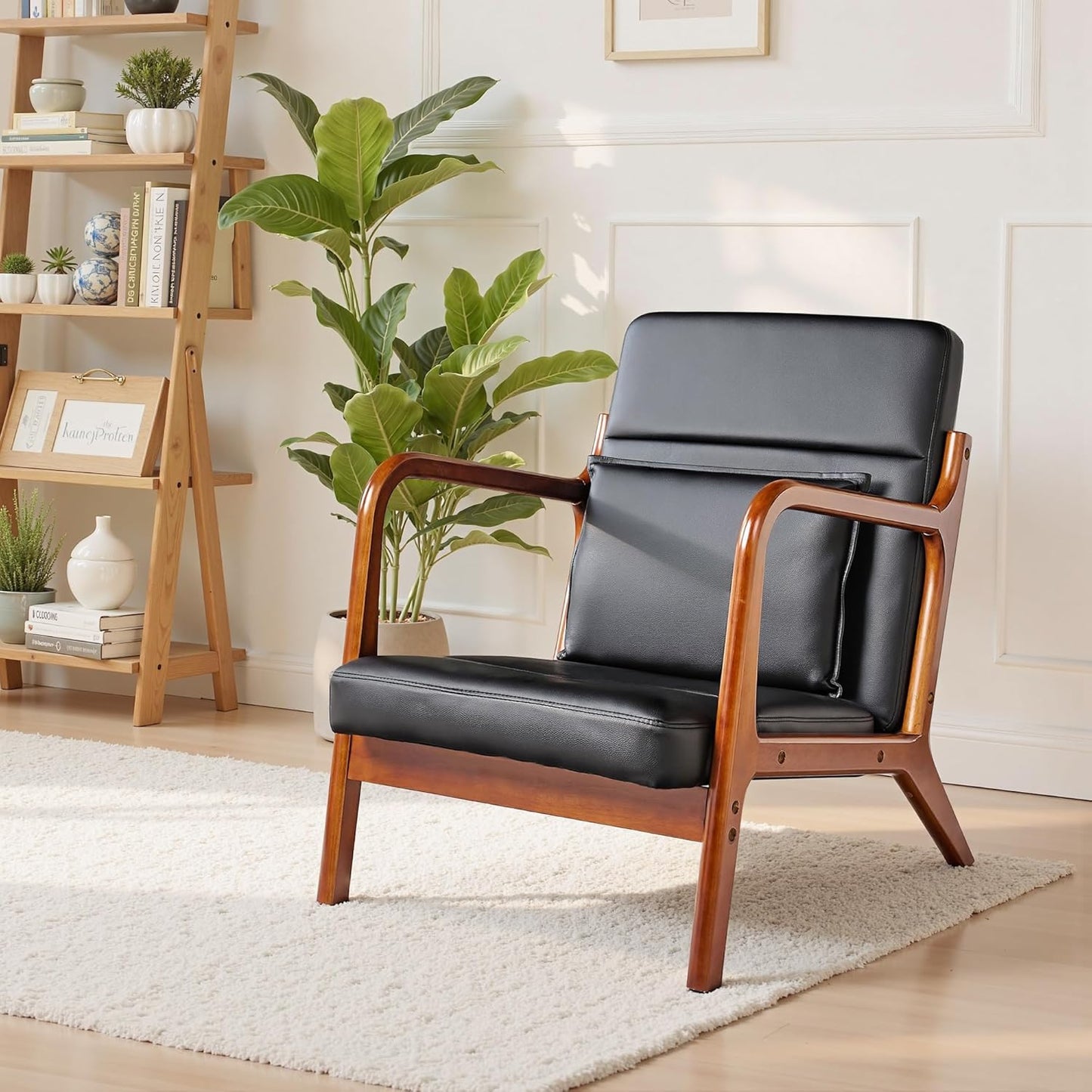 VECELO Mid-Century Modern Accent Chair with Faux Leather Cushion & Solid Wood Frame, Lounge Armchair for Living Room, Bedroom, Office, Black