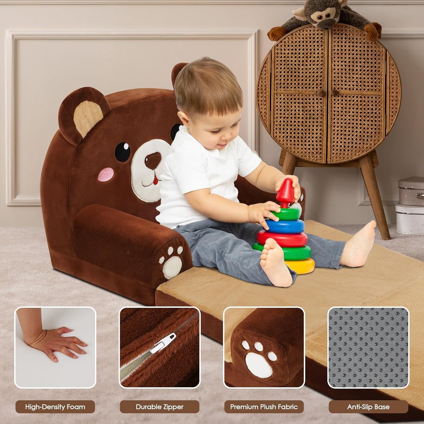 Kids Couch Comfy Foldable Kids Sofa to Lounger 2 in 1 Toddler Chair Plush Baby Sleeper Chair for Playing and Napping, Birthday Gifts for Boys and Girls